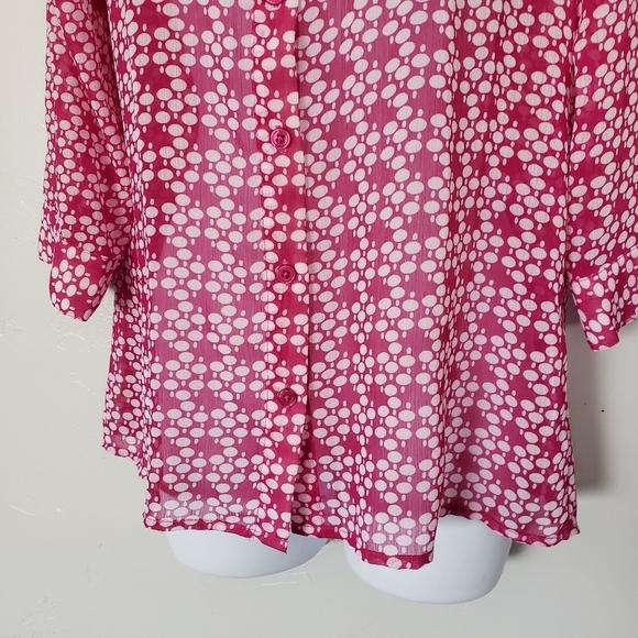 Downeast Basics Small Magenta Pink Chiffon Blouse White Polka Dot Button Up Top - Picture 9 of 9
